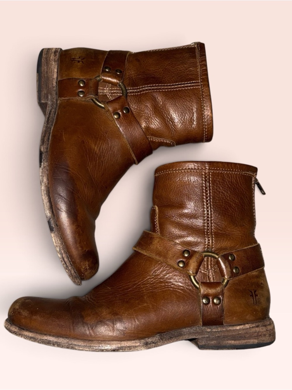 Frye Phillip Harness Short Boots Cognac Leather Biker Women’s Size 8 B